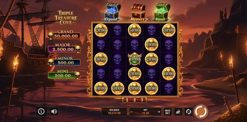 Triple Treasure Cove - main screen with reels and pirate cove